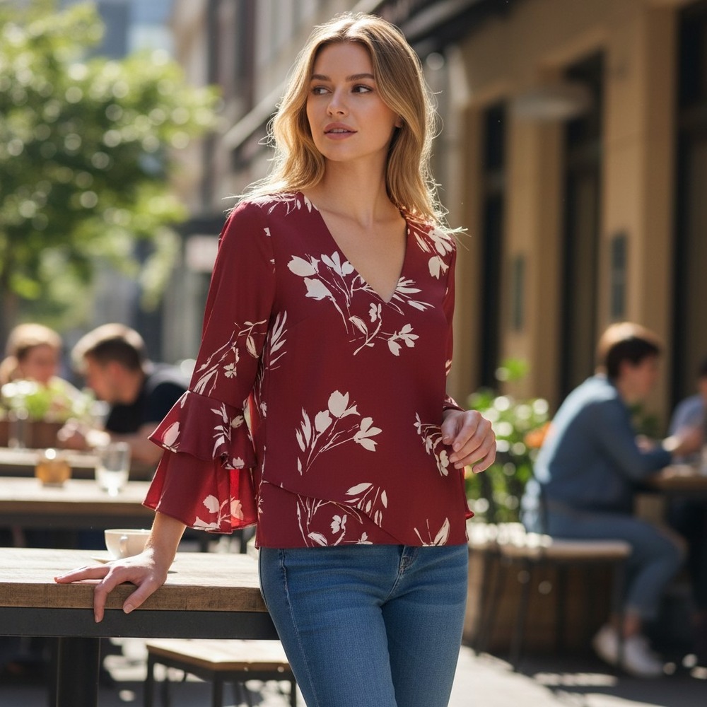Vince Camuto Women Earth Red Floral Ruffle Bell Sleeve V-Neck Blouse Sm Romantic